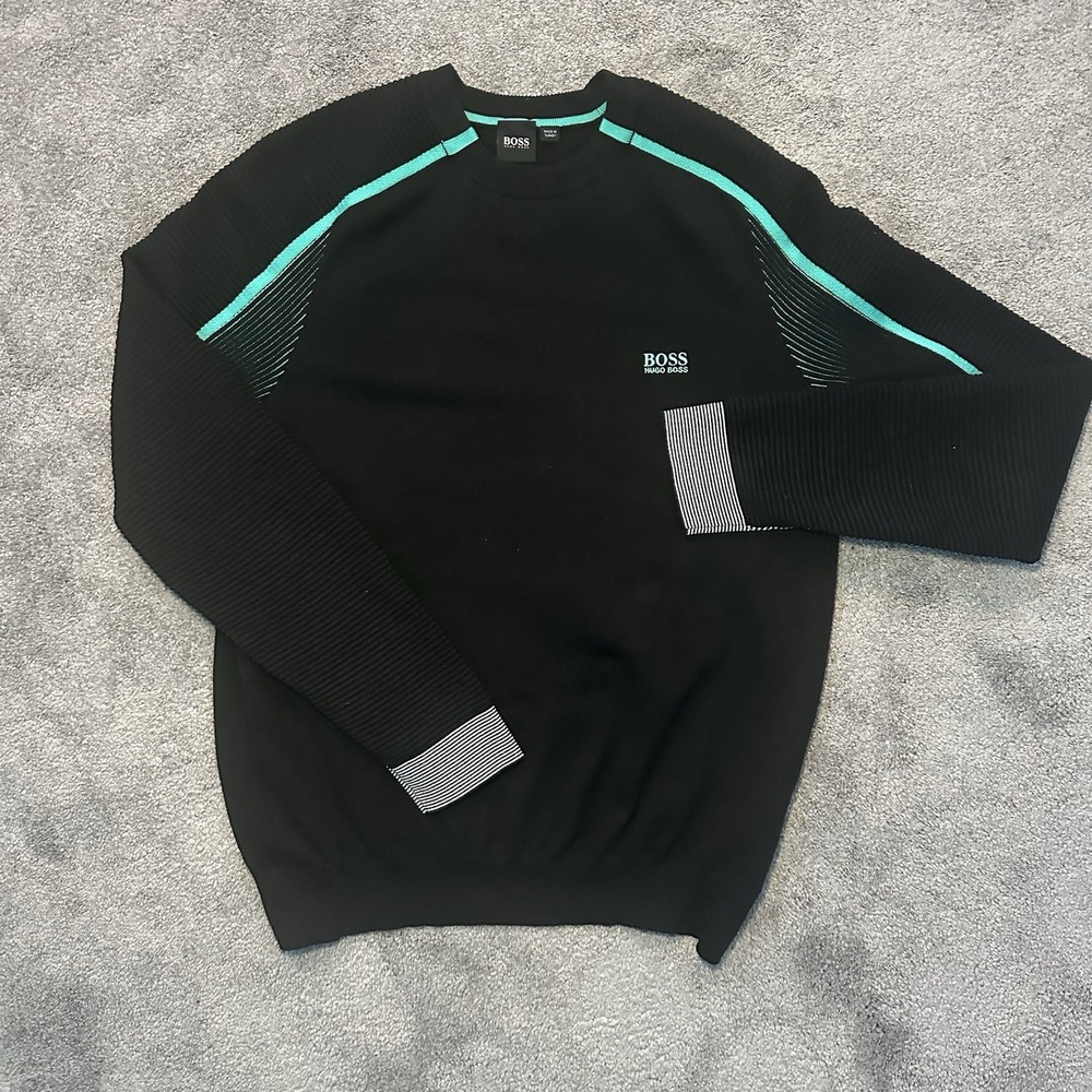 BOSS Hugo Boss Mens L Large Black Knit Sweater Teal Stripe Ribbed Sleeves